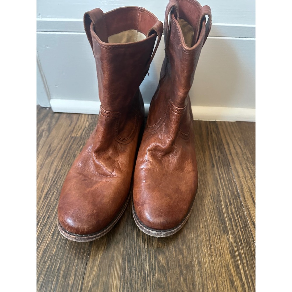 Frye Anna Shortie Leather Boots Cognac Brown Ankle Booties 7.5M 3471055